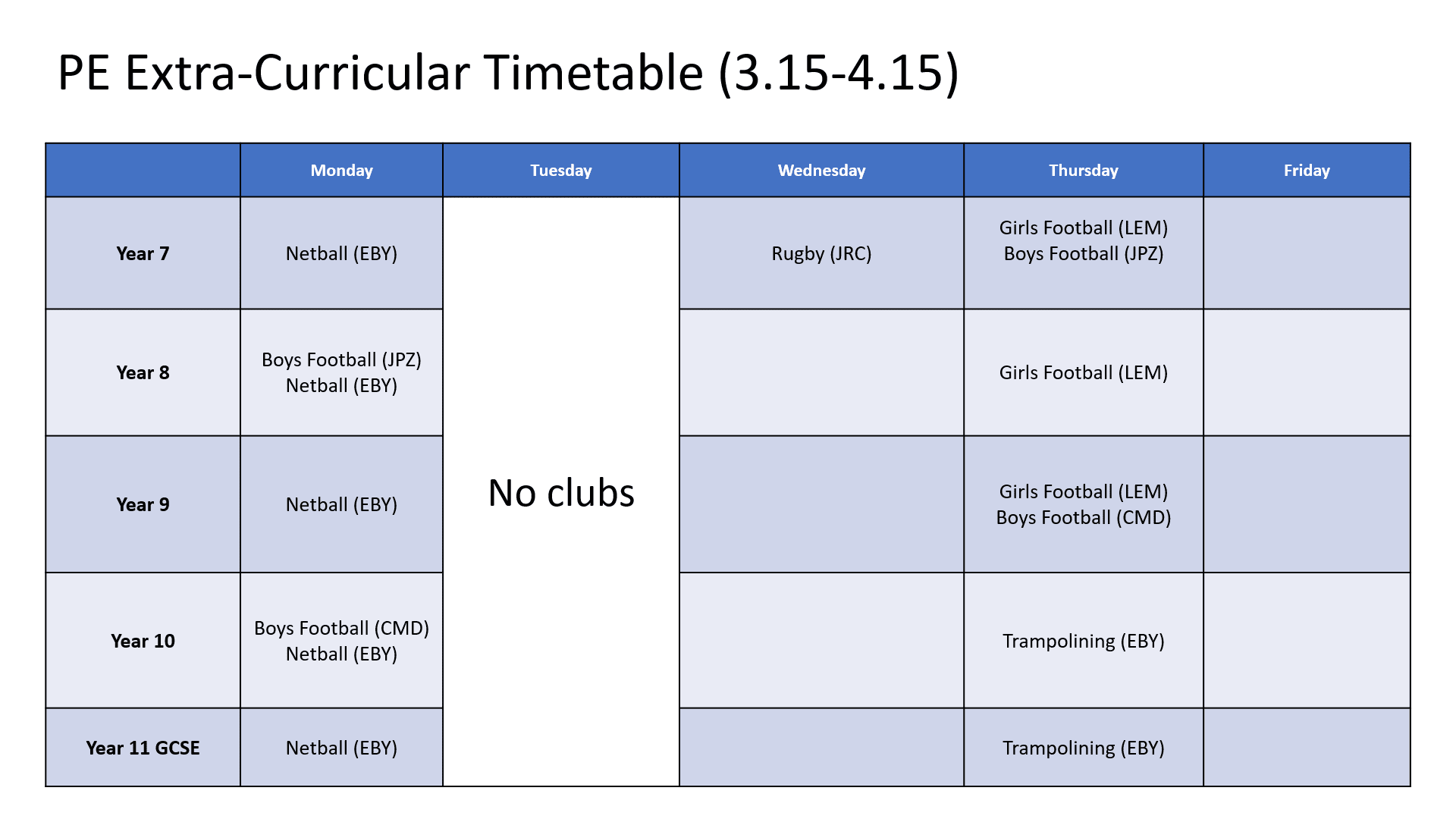 PE extracurricular timetable