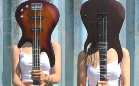 Photo of two girls holding guitars in front of their faces