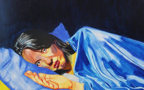 Painting of a girl lying in a blue bed