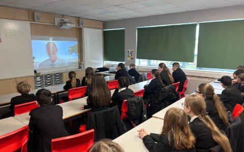 Engaged students watching Dee Caffari's message during National Careers Week